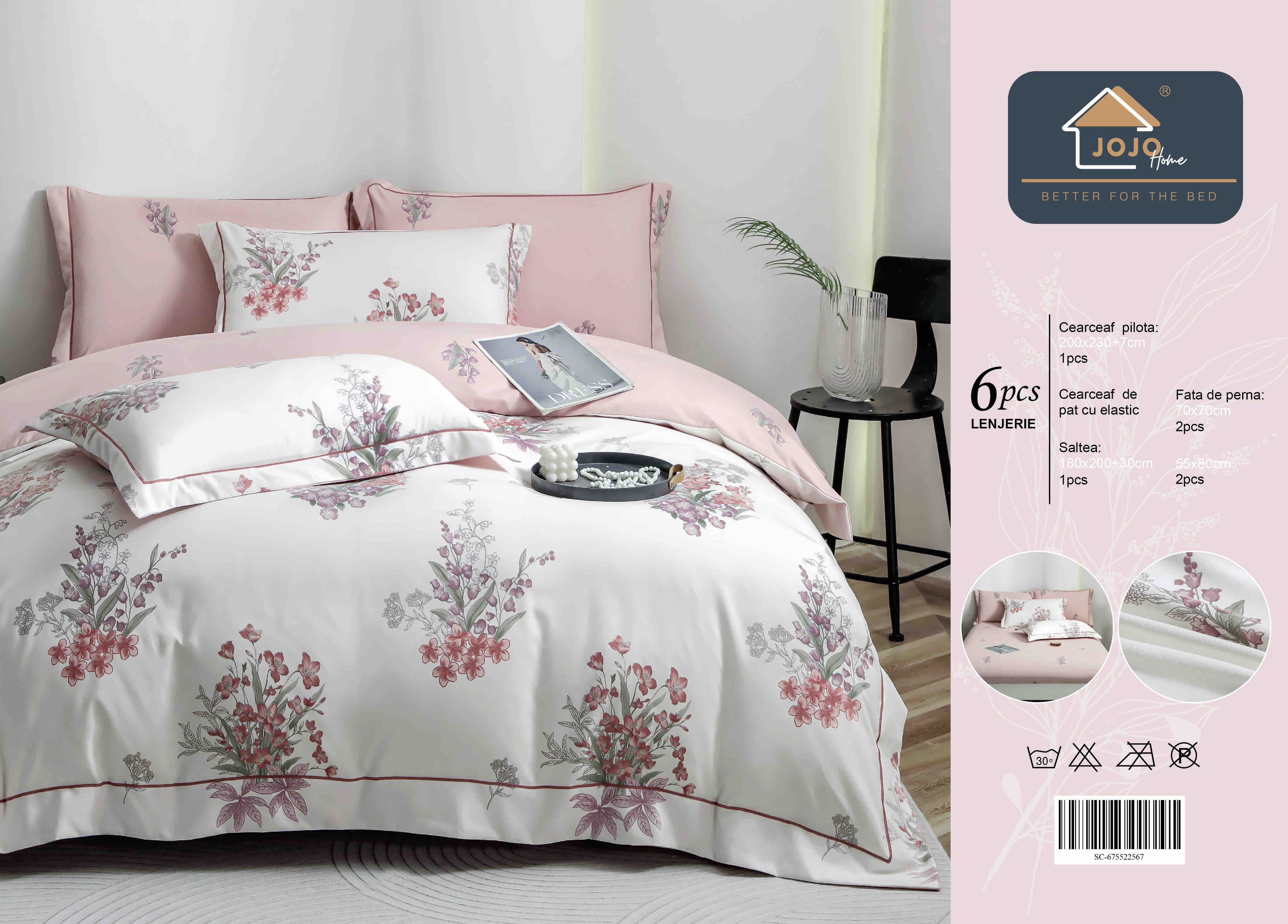 Lenjerie De Lux în Cutie Cadou - Bumbac Finet, 6 Piese, Cearceaf cu Elastic, Model 5