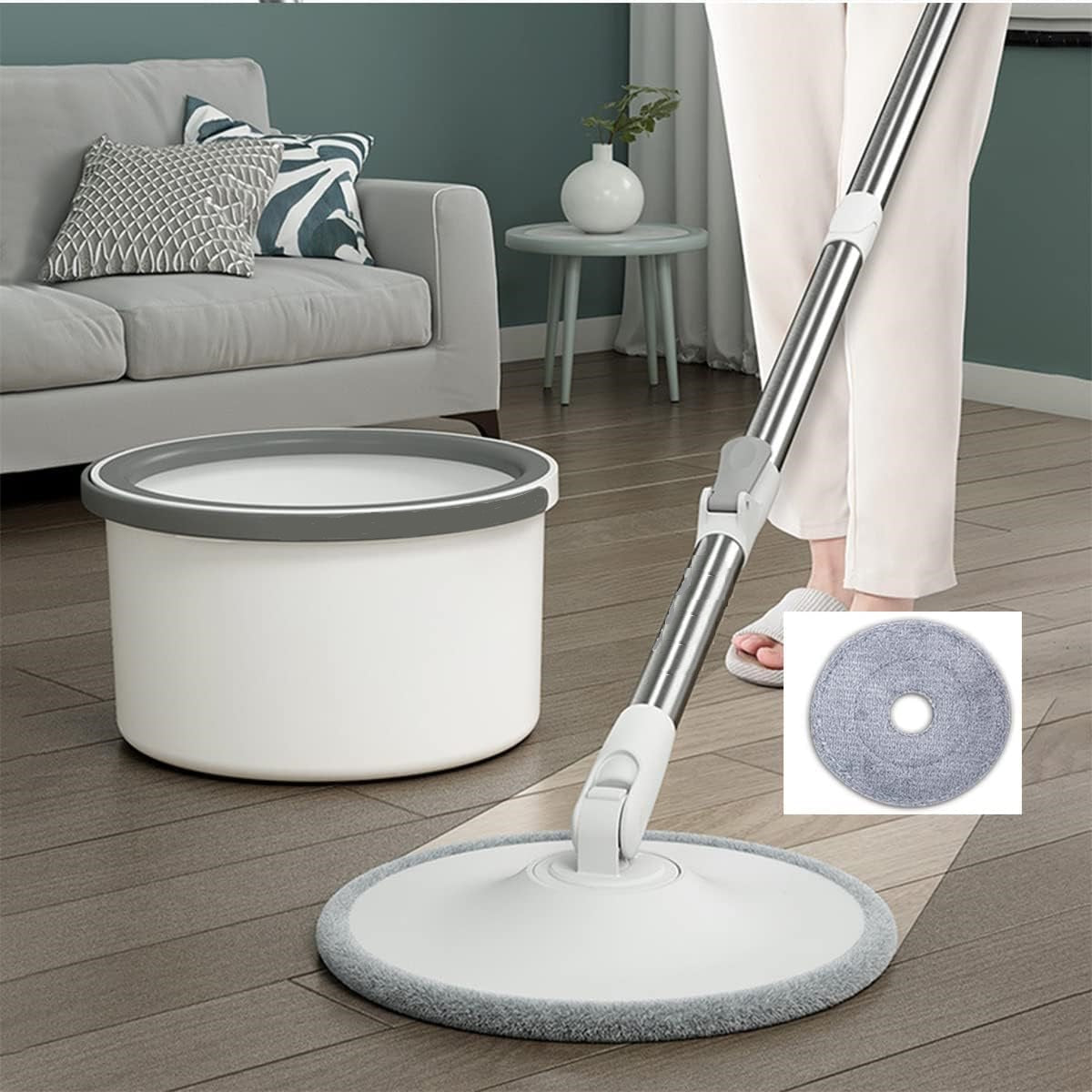 Mop Rotativ cu Lavetă Microfibra și Auto Spălare, Compartimente pentru Apa Curata și Murdara, Robinet de Scurgere a Apei