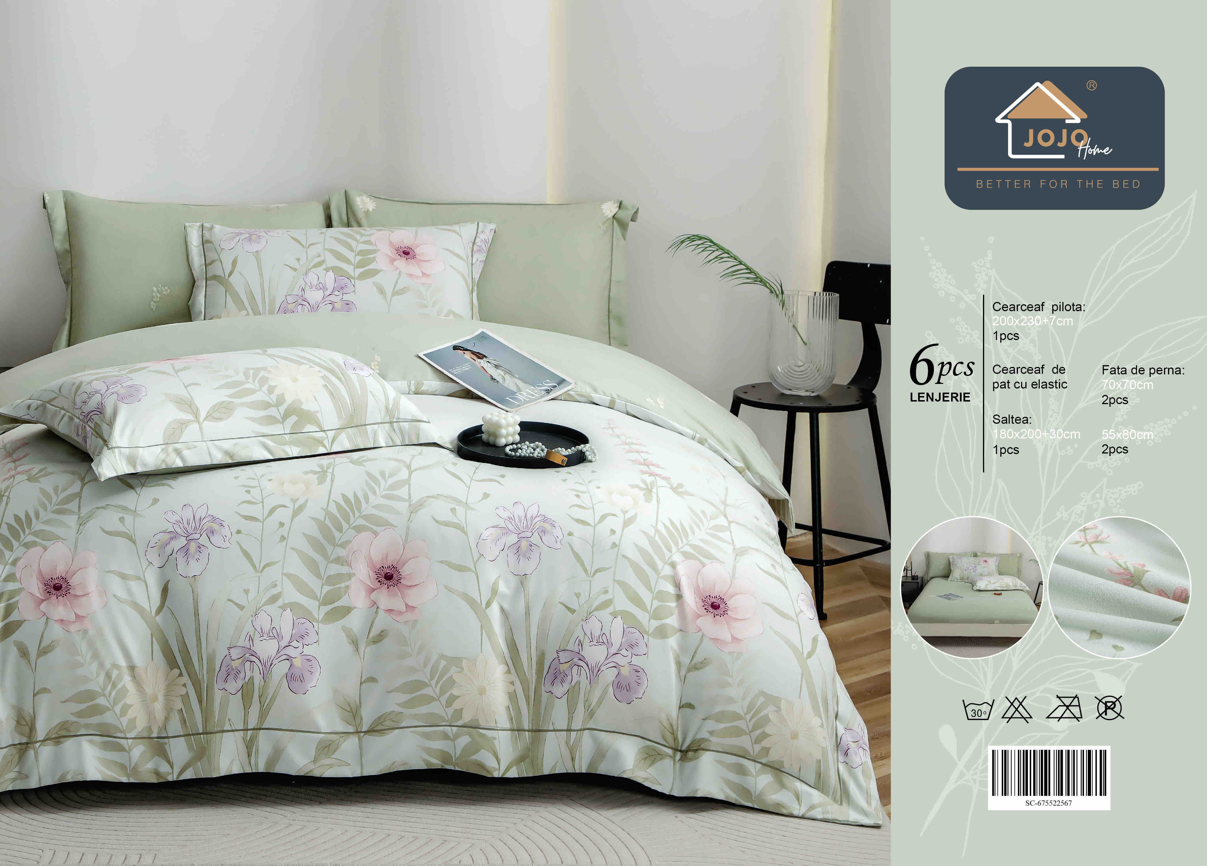 Lenjerie De Lux în Cutie Cadou - Bumbac Finet, 6 Piese, Cearceaf cu Elastic, Model 6