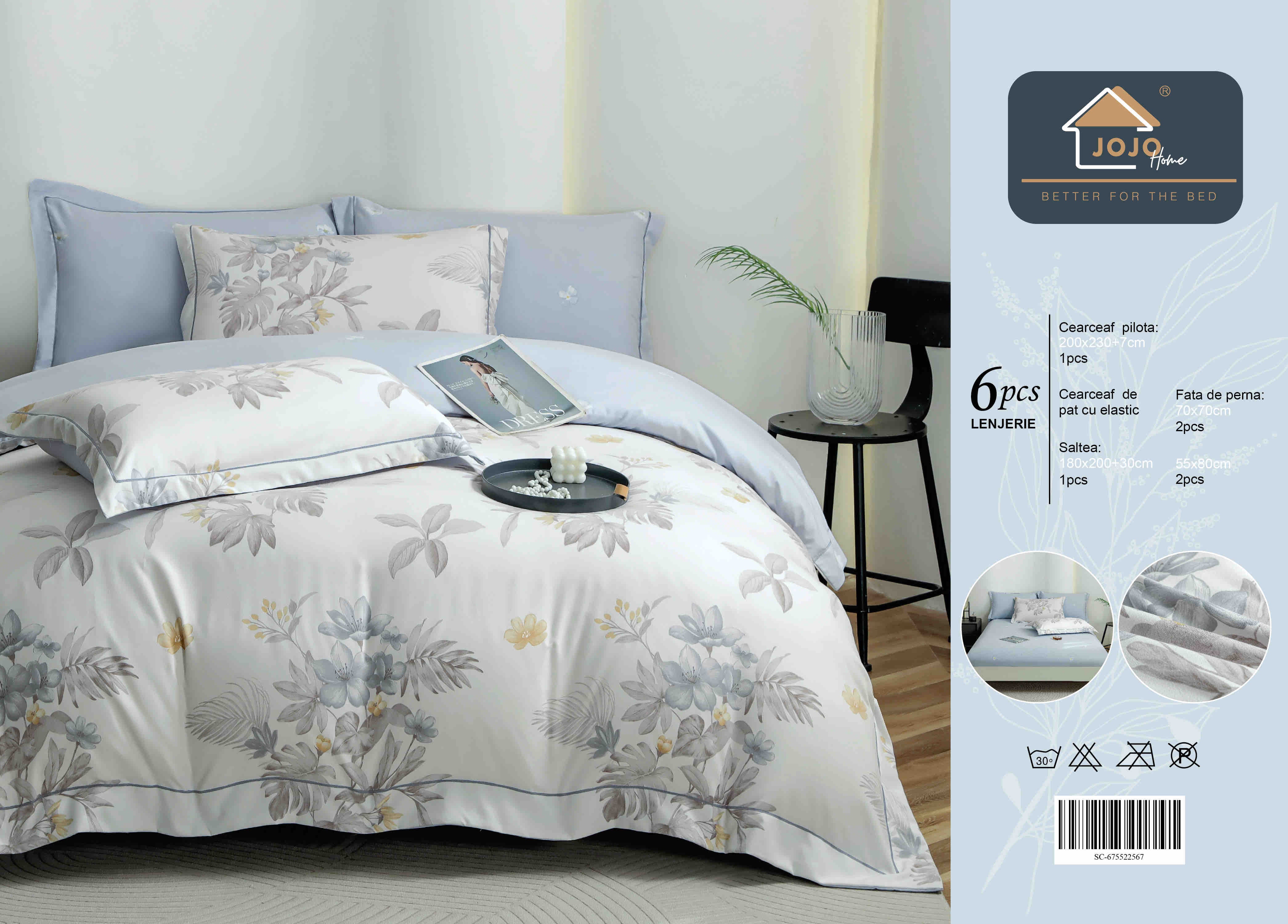 Lenjerie De Lux în Cutie Cadou - Bumbac Finet, 6 Piese, Cearceaf cu Elastic, Model 7