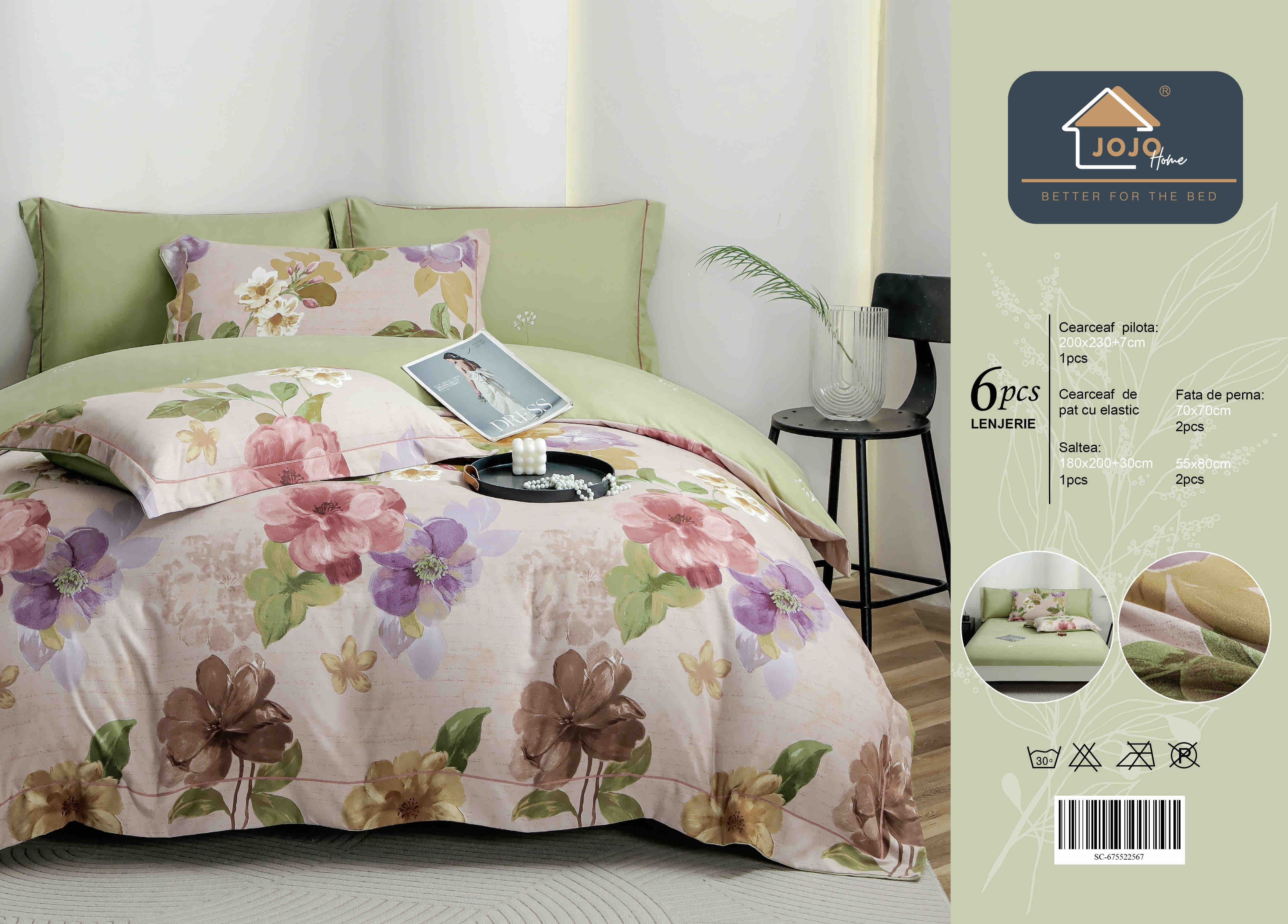 Lenjerie De Lux în Cutie Cadou - Bumbac Finet, 6 Piese, Cearceaf cu Elastic, Model 3