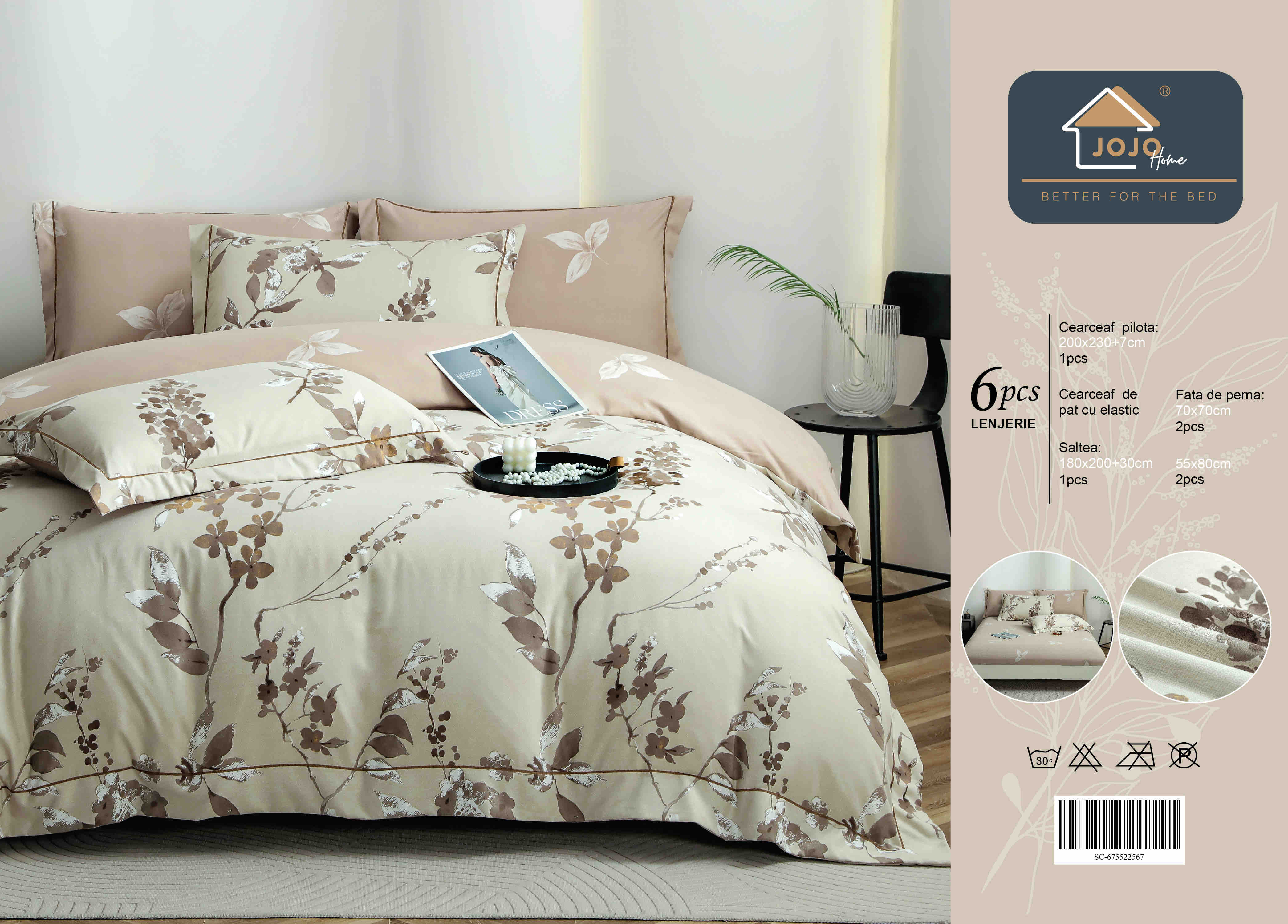 Lenjerie De Lux în Cutie Cadou - Bumbac Finet, 6 Piese, Cearceaf cu Elastic, Model 1