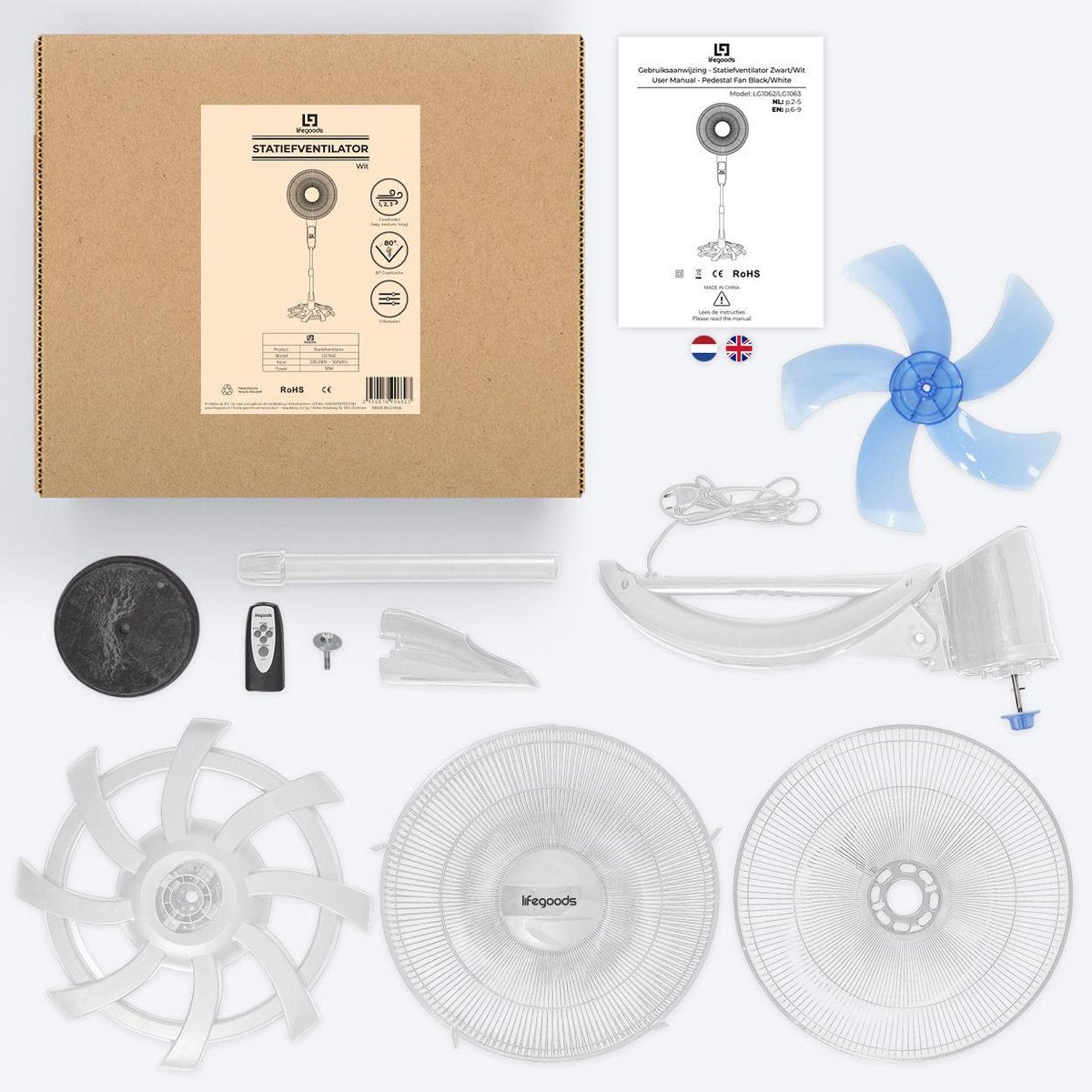 Ventilator cu Picior 50W, Înălțime Ajustabilă, Telecomanda, 3 Viteze, LifeGoods