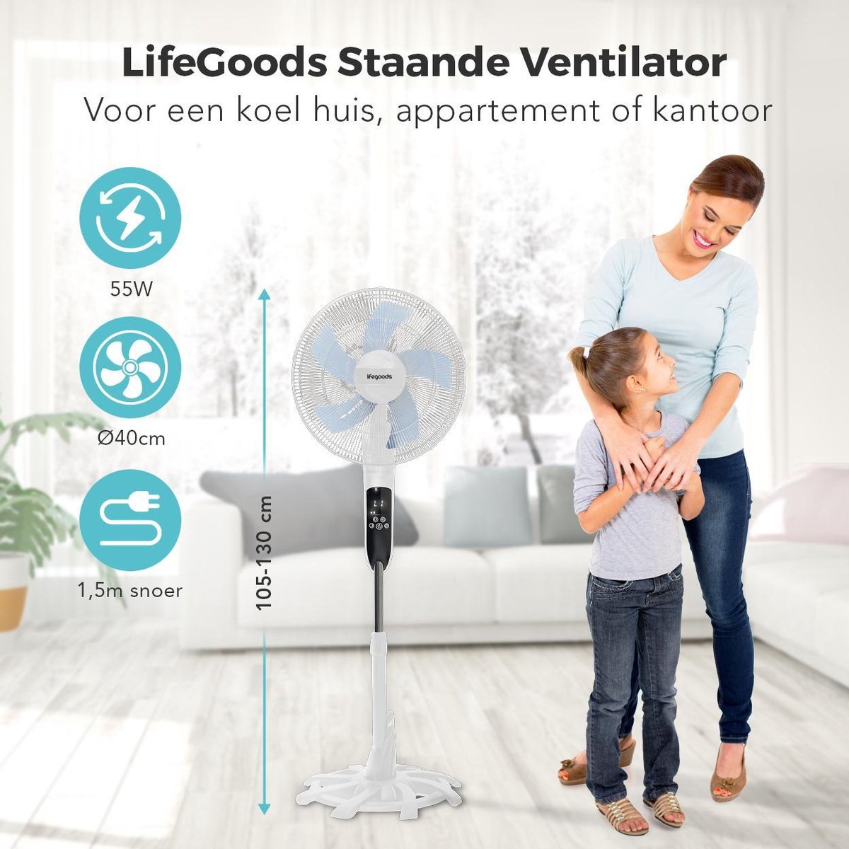 Ventilator cu Picior 50W, Înălțime Ajustabilă, Telecomanda, 3 Viteze, LifeGoods