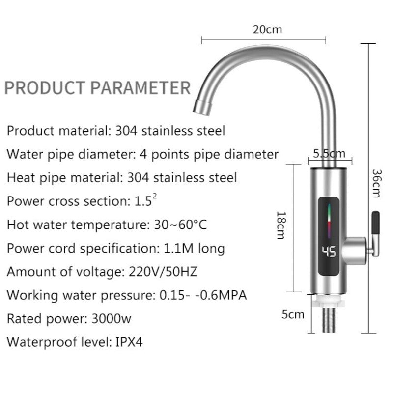 Robinet Electric Instant din Inox, cu Display LED și Rotire 360 Grade, 3000W