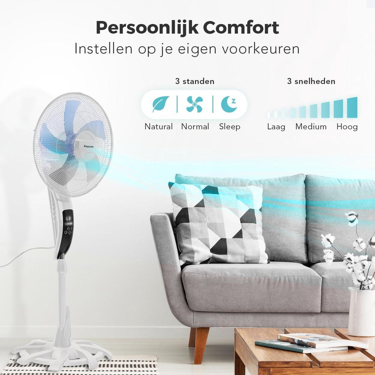 Ventilator cu Picior 50W, Înălțime Ajustabilă, Telecomanda, 3 Viteze, LifeGoods
