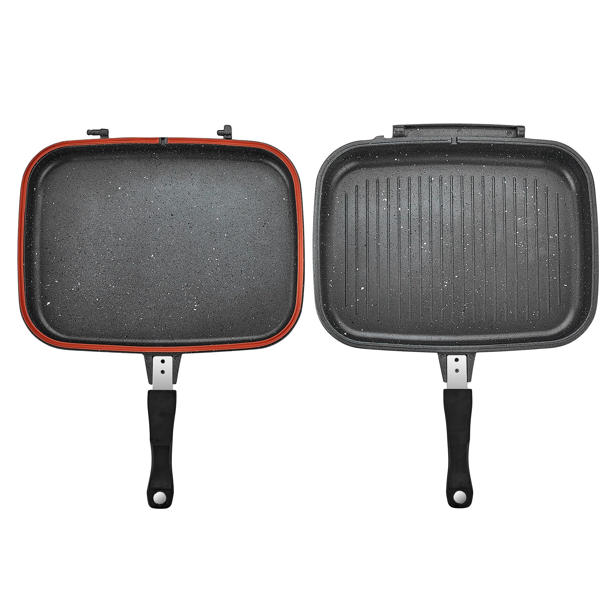 Tigaie dubla grill 36x24x7.5 cm ceramica marmorata, inchidere magnetica, garnitura din silicon, non-stick