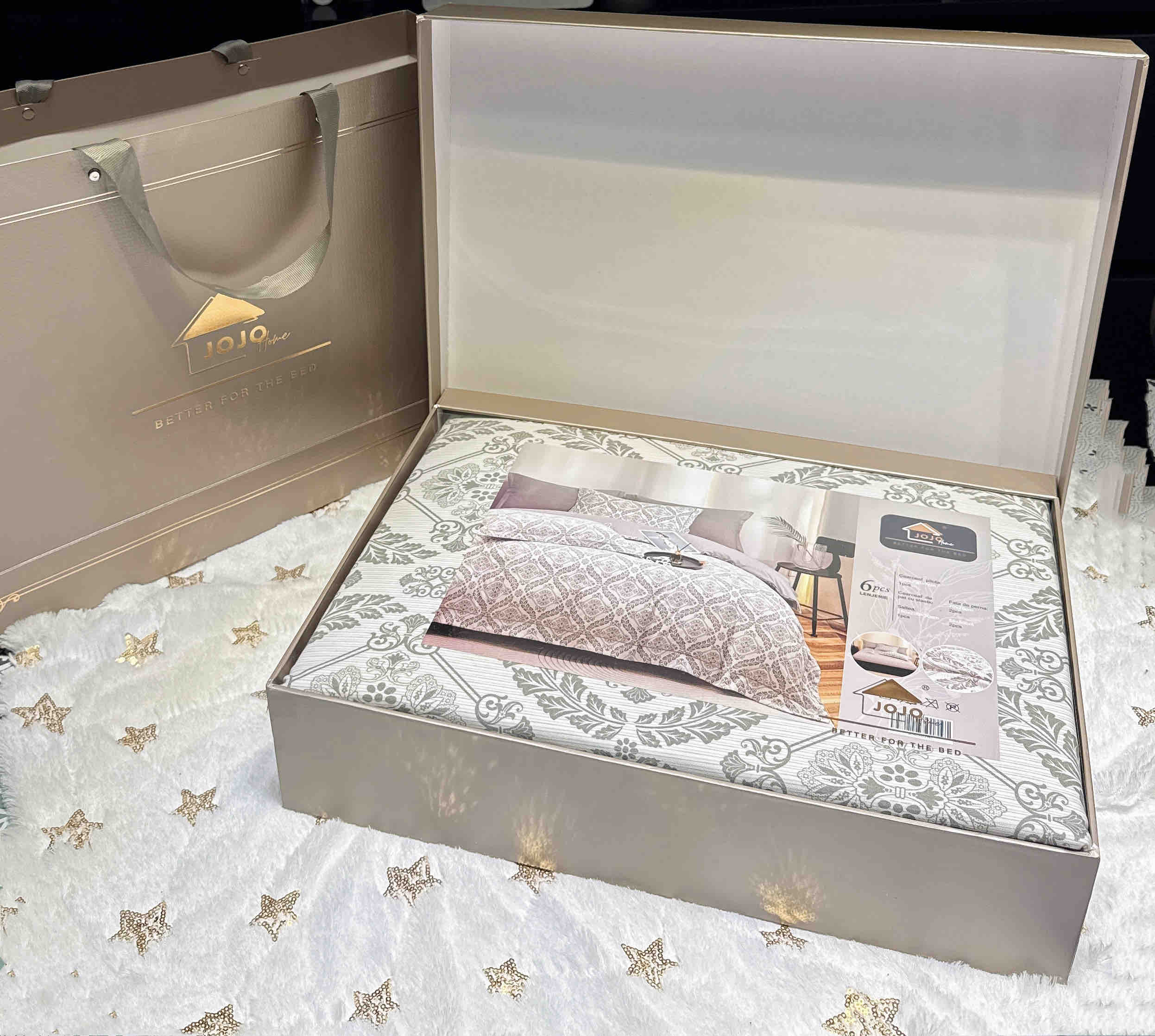 Lenjerie De Lux în Cutie Cadou - Bumbac Finet, 6 Piese, Cearceaf cu Elastic, Model 5