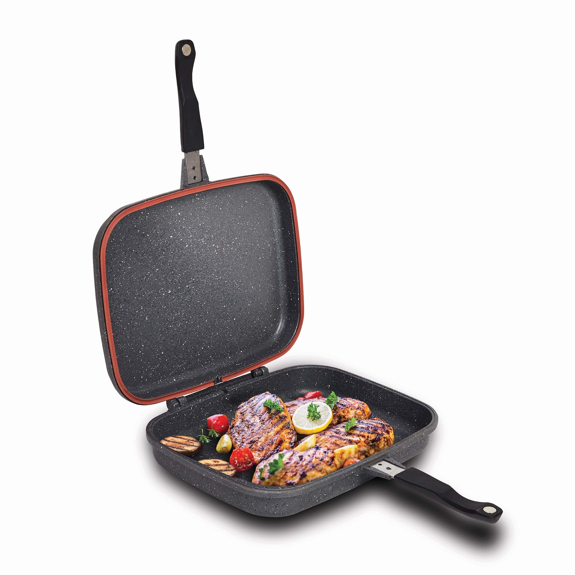 Tigaie dubla grill 36x24x7.5 cm ceramica marmorata, inchidere magnetica, garnitura din silicon, non-stick