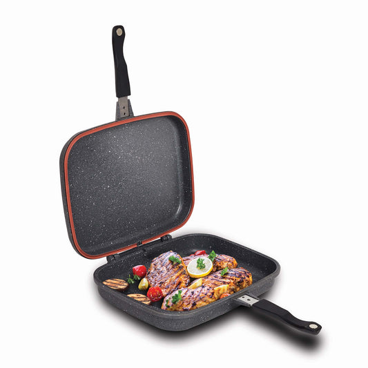 Tigaie dubla grill 36x24x7.5 cm ceramica marmorata, inchidere magnetica, garnitura din silicon, non-stick