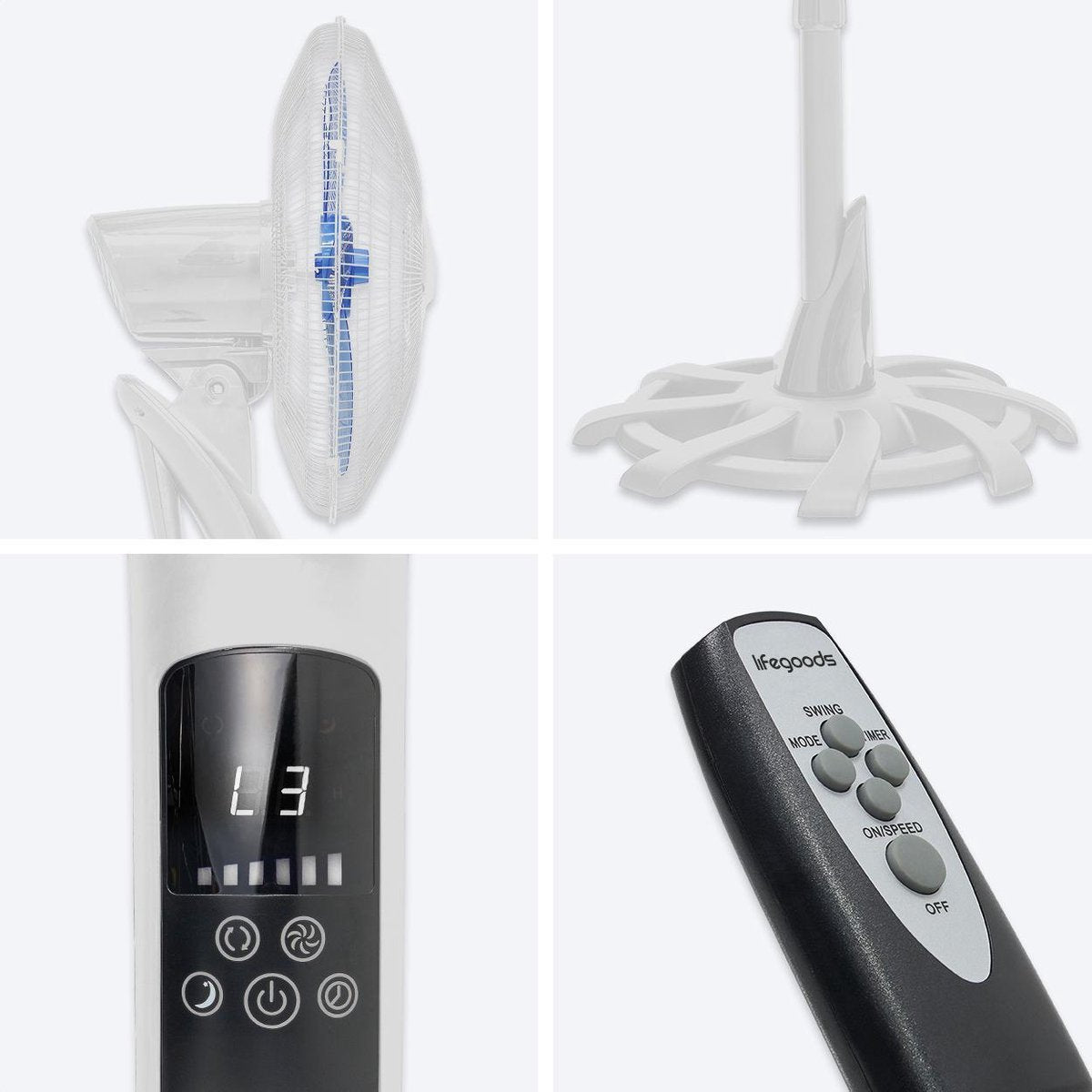 Ventilator cu Picior 50W, Înălțime Ajustabilă, Telecomanda, 3 Viteze, LifeGoods
