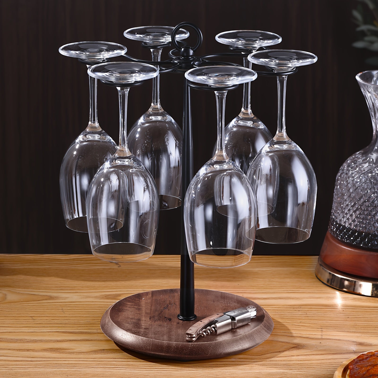 Suport rotativ pentru 6 pahare de vin, din lemn și metal, 24 x 35 cm – Elegant și practic