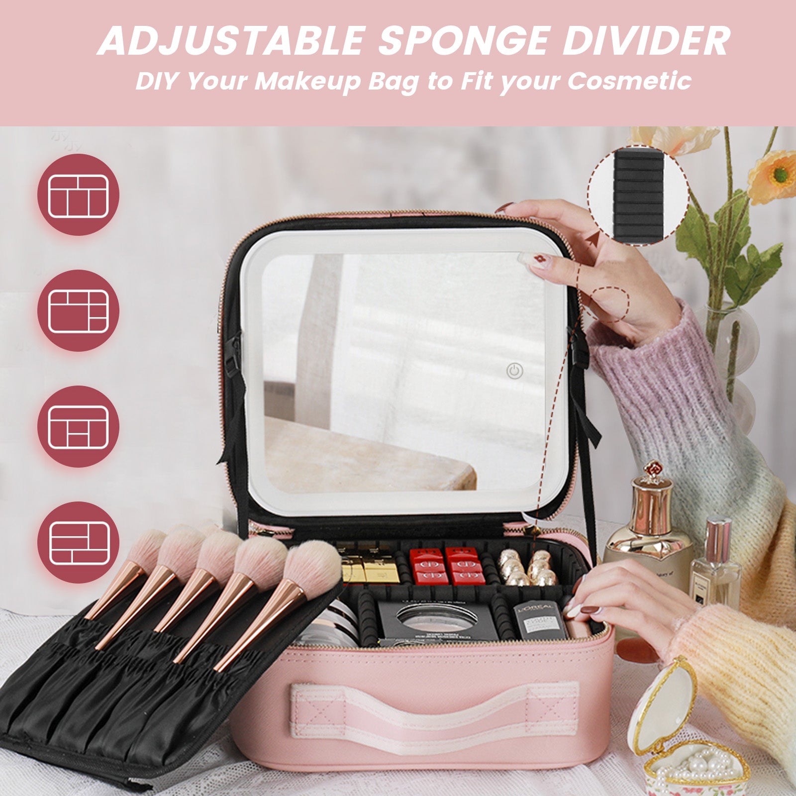 Geantă de Machiaj cu Oglindă LED, Divizoare Reglabile - Organizator de Cosmetice și Bijuterii de 29cm, Roz (Mică)