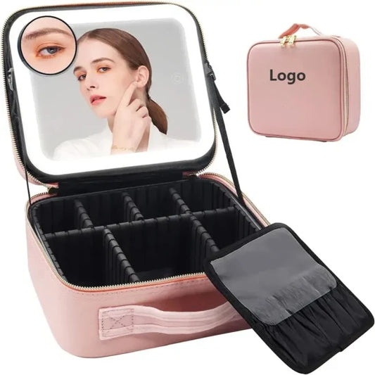 Geantă de Machiaj cu Oglindă LED, Divizoare Reglabile - Organizator de Cosmetice și Bijuterii de 29cm, Roz (Mică)