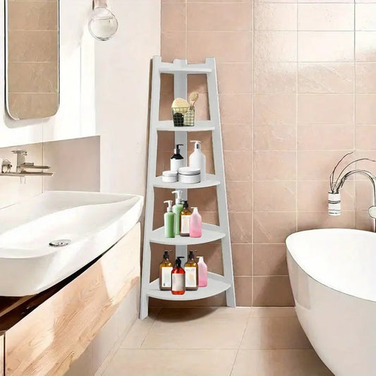 Raft de colț din PVC cu 5 etajere, pentru cameră, baie sau bucătărie - 106x30x30 cm, Alb