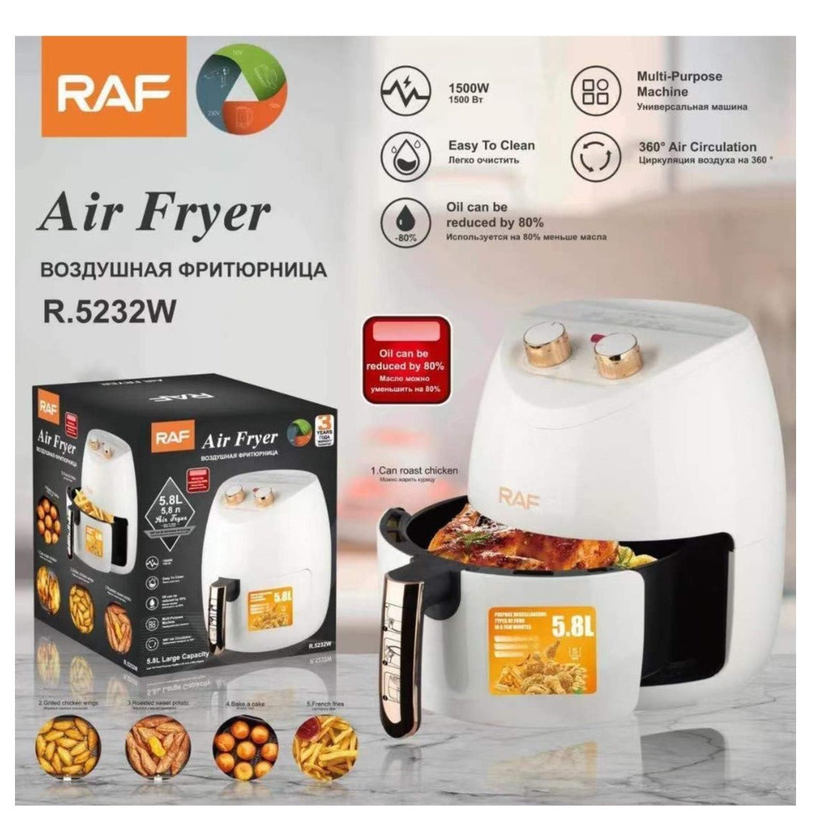 Friteuza Airfryer RAF-5232 Capacitate 5.8L, 1500W, ALB