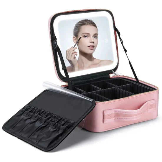 Geantă de Machiaj cu Oglindă LED, Divizoare Reglabile - Organizator de Cosmetice și Bijuterii de 29cm, Roz (Mică)
