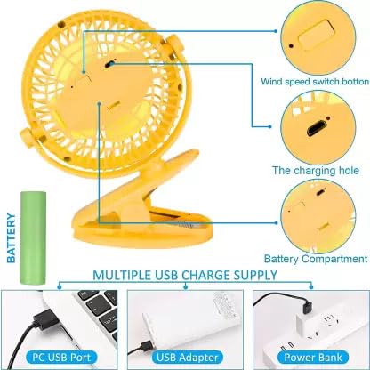 Mini Ventilator USB cu Acumulator și Clips, 3 Viteze, 18cm