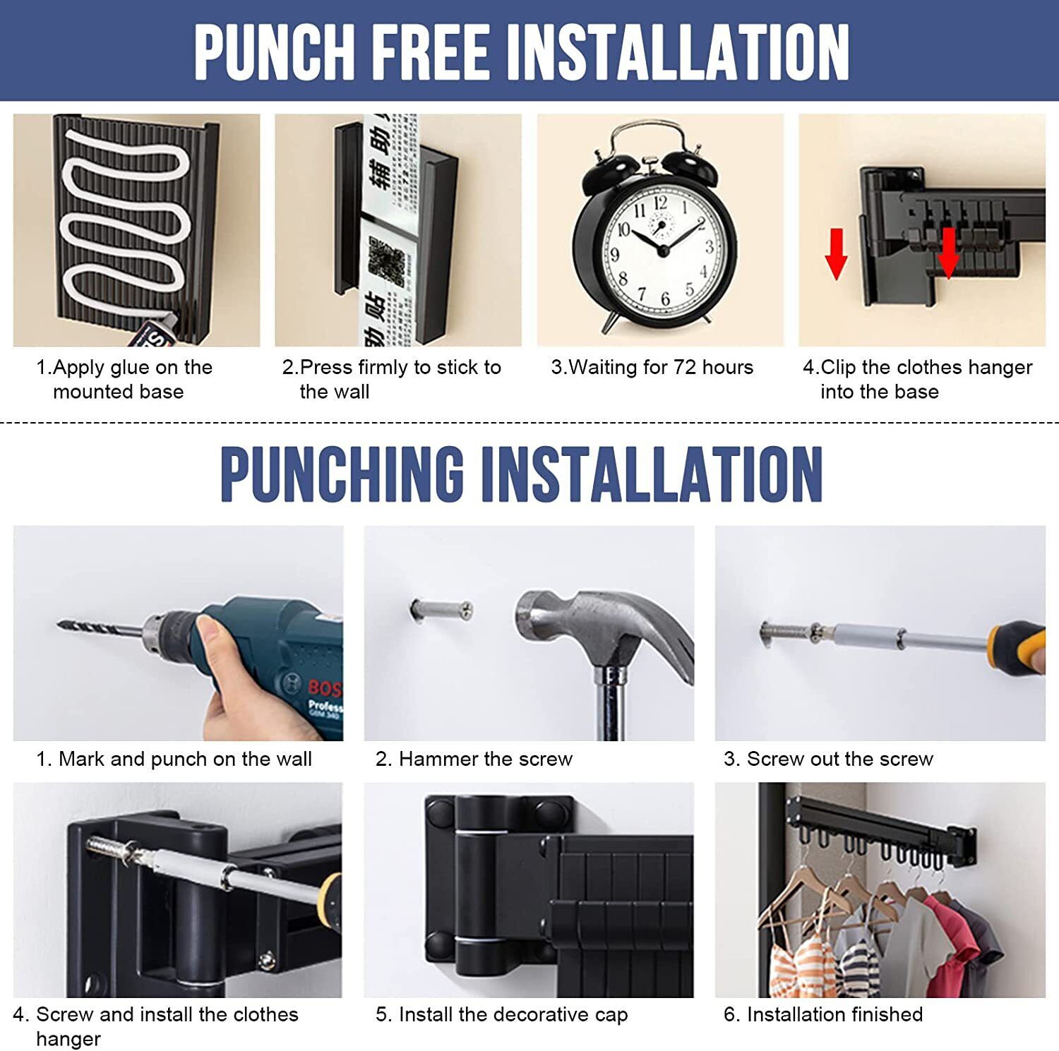 Uscător de Haine Retractabil SHANNA - Montare pe Perete, Suport Rabatabil pentru Rufe