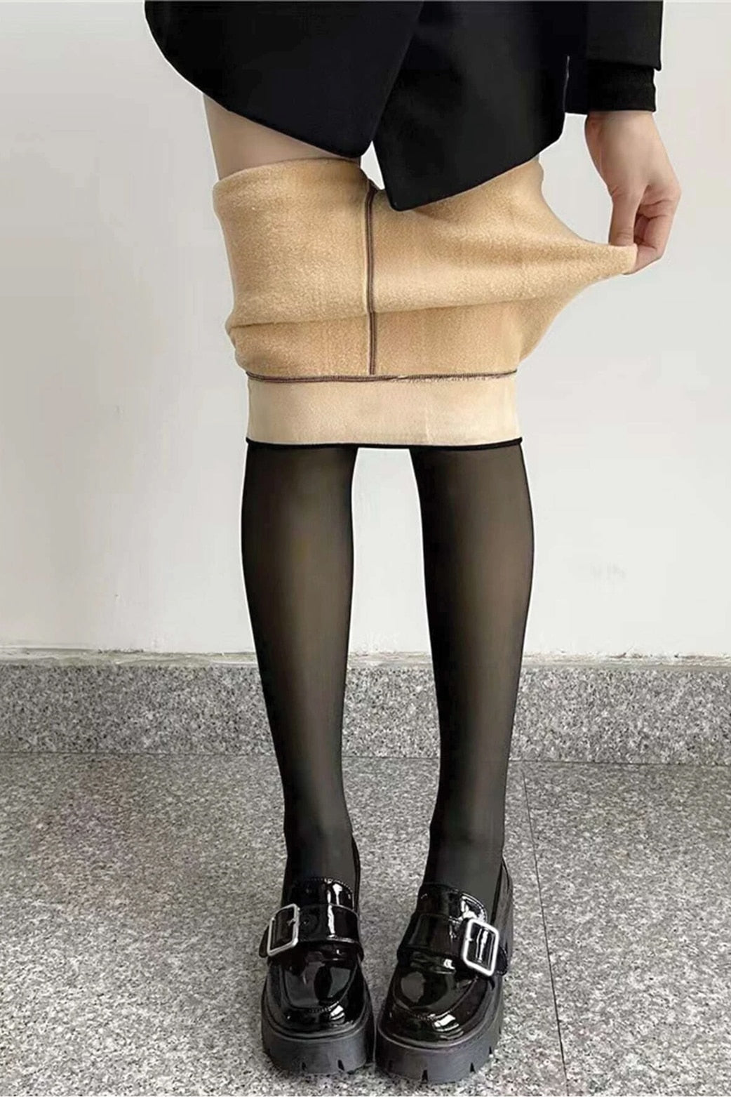 Oferta 1+1 Colanți Termo Îmblăniți - Ciorapi Călduroși cu Căptușeală Flausată și Elasticitate - Marime universala, Negru