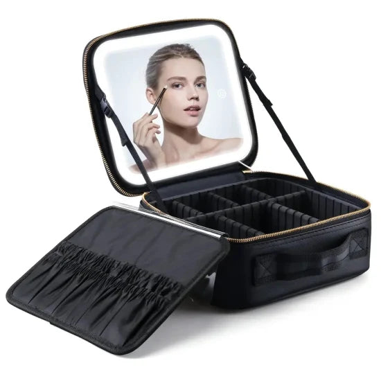 Geantă de Machiaj cu Oglindă LED, Divizoare Reglabile - Organizator de Cosmetice și Bijuterii de 29cm, Roz (Mică)
