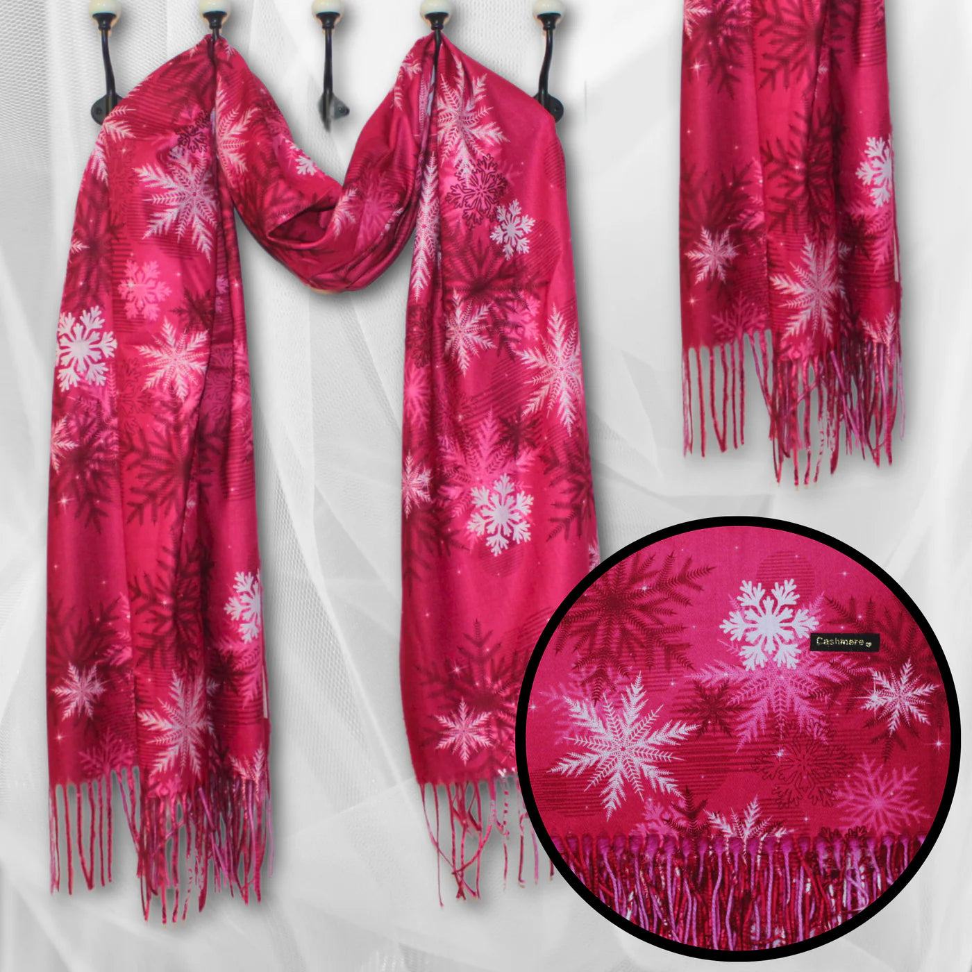 Esarfa Casmir de Crăciun cu Model Fulgi de Zăpadă - Fuchsia