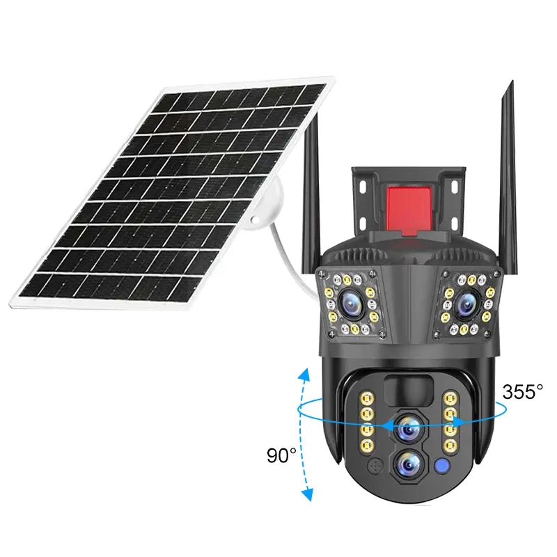Cameră de supraveghere 4G cu panou solar, 4 camere, zoom optic 10X, detecție umană PIR, LED-uri IR și alarmă, rotație 355°/90°, rezistență la apă IP66, control prin aplicație, sistem CCTV securizat.