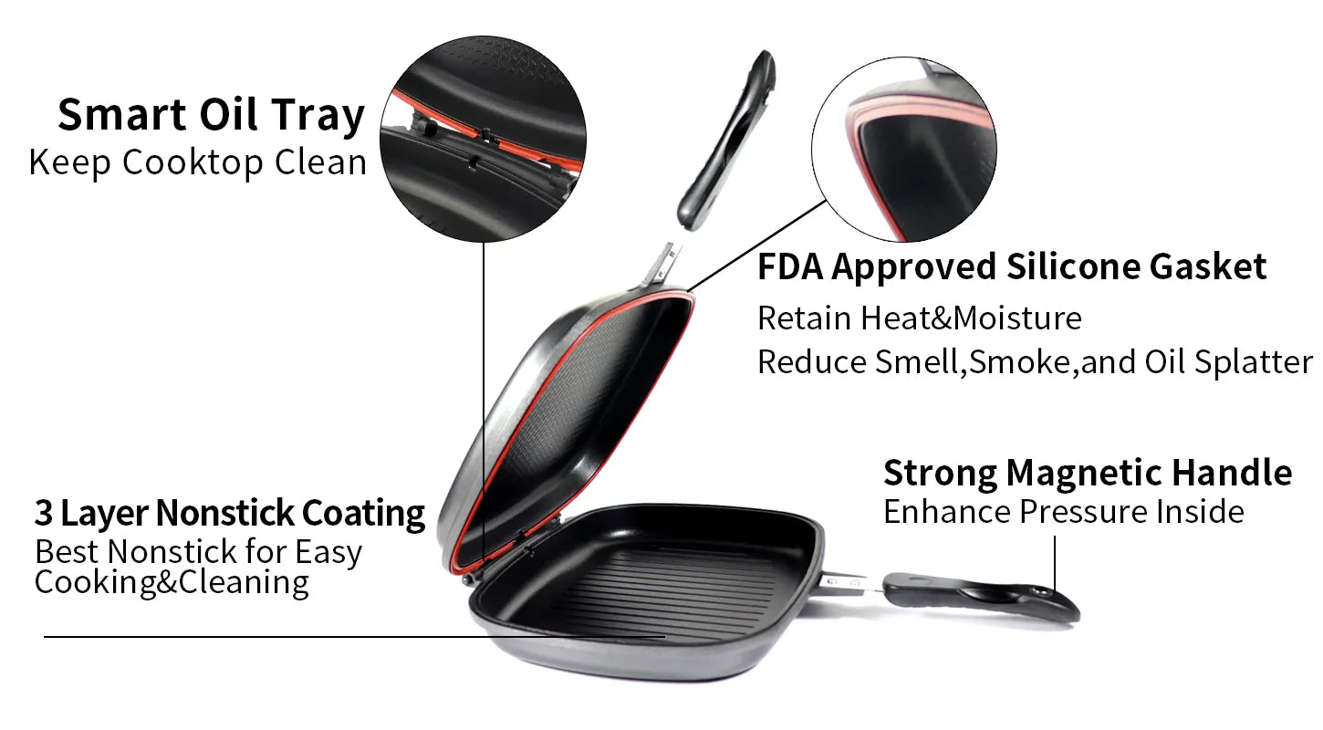 Tigaie dubla grill 36x24x7.5 cm ceramica marmorata, inchidere magnetica, garnitura din silicon, non-stick