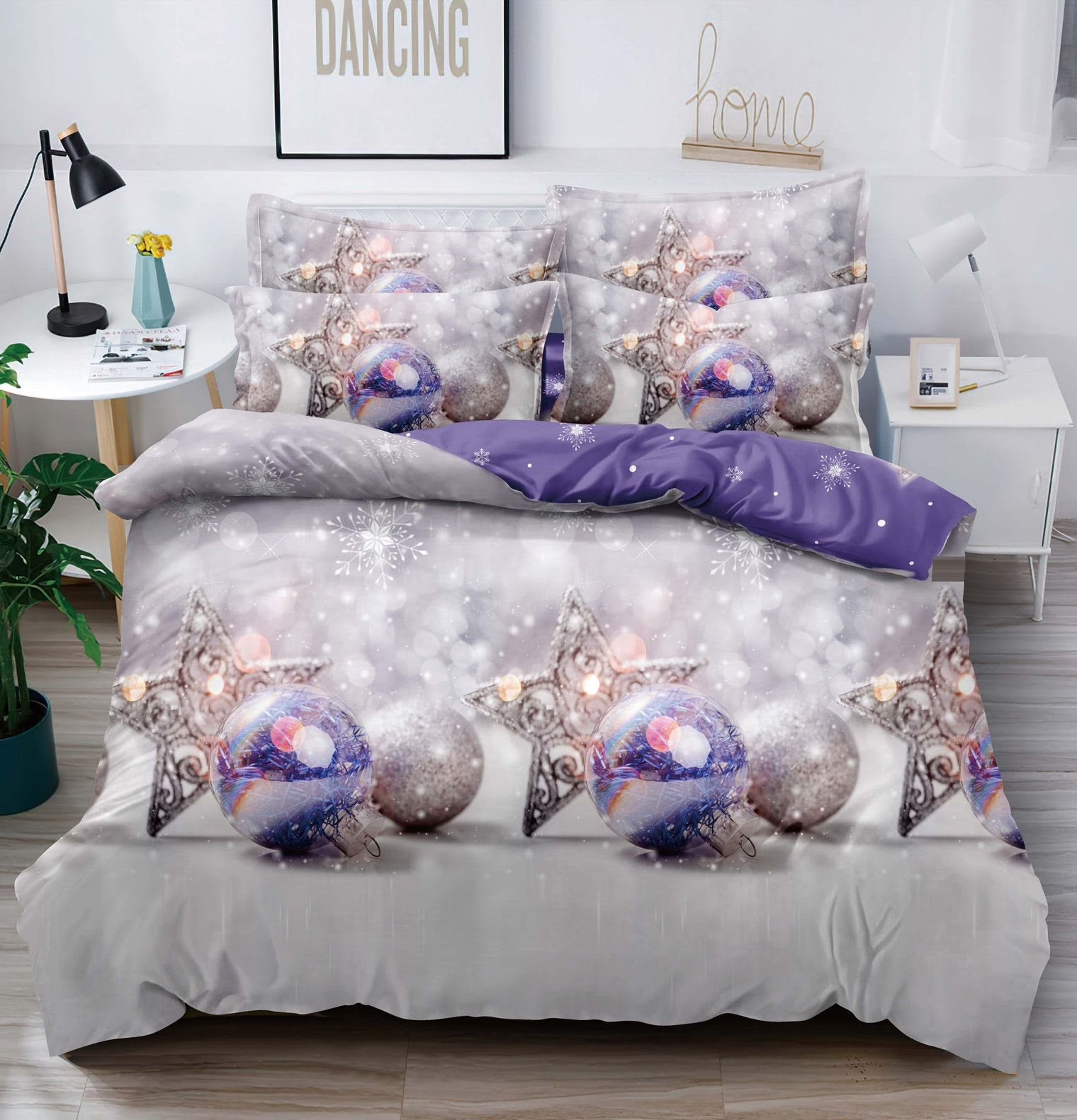Lenjerie Craciun cu Elastic Finet Bumbac 6 Piese, Globuri Stelute Lila Roz