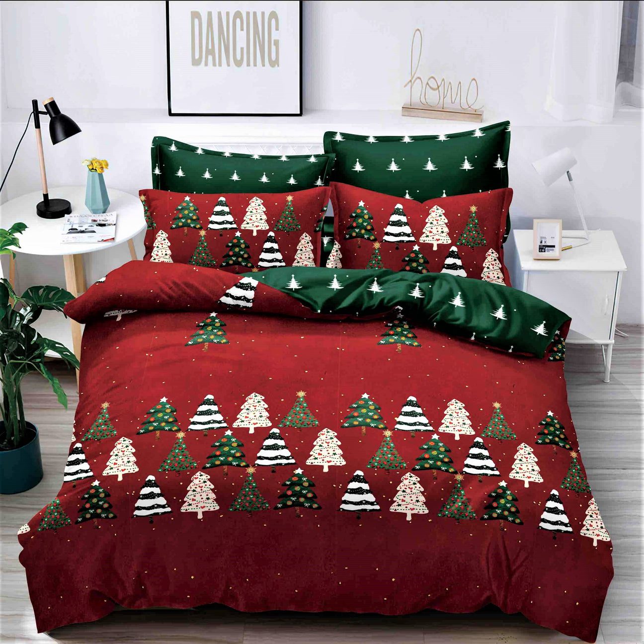 Set lenjerie de pat simplu, o persoana, Jojo Brad, model de Craciun, 6 piese, din finet, 155×205 cm, Rosu/Verde inchis