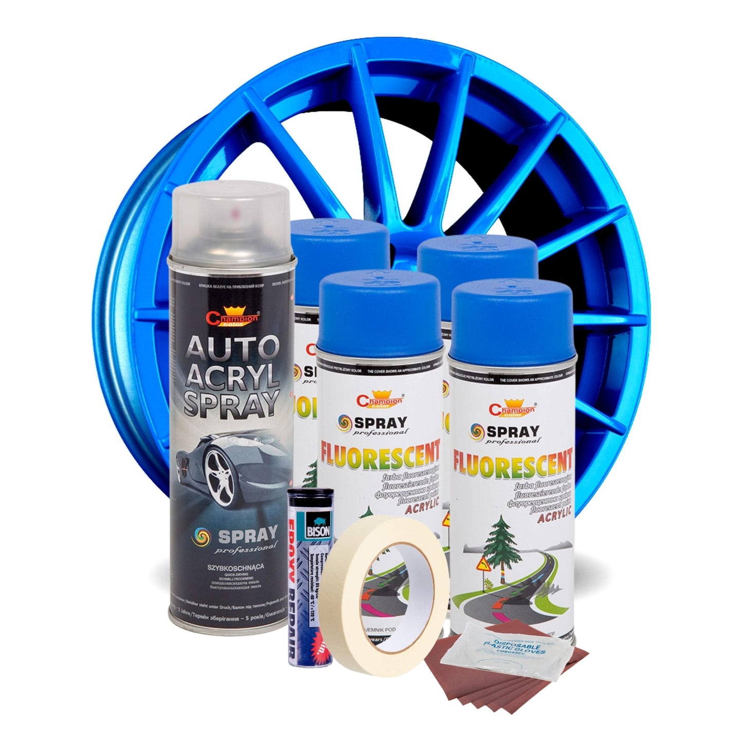 Kit complet reparatie si vopsire jante culoare Albastru Fluorescent, V4-1