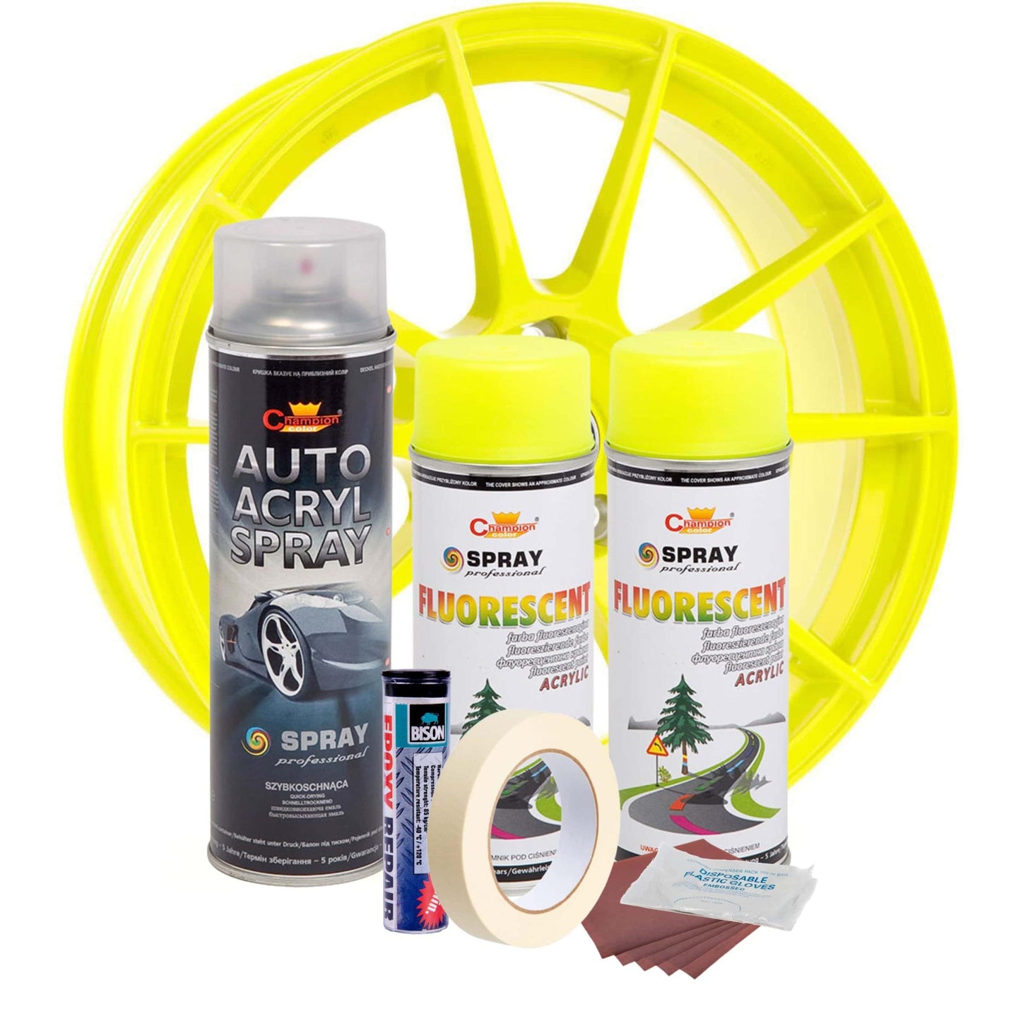 Kit complet reparatie si vopsire jante culoare Galben Fluorescent, V2-1