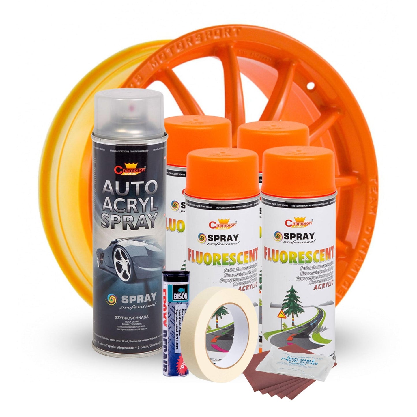 Kit complet reparatie si vopsire jante culoare Orange Fluorescent, V4-1