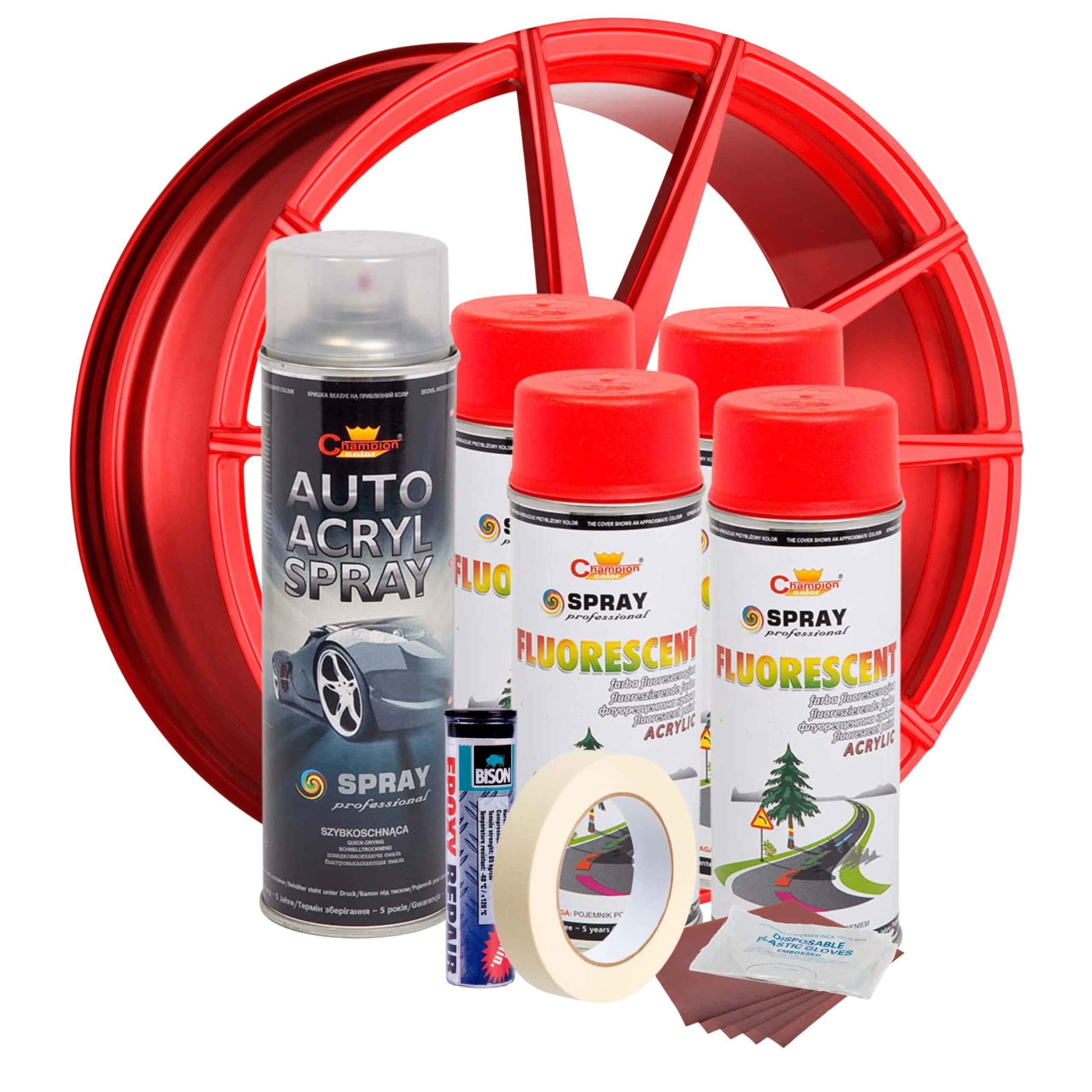 Kit complet reparatie si vopsire jante culoare Rosu Fluorescent, V4-1