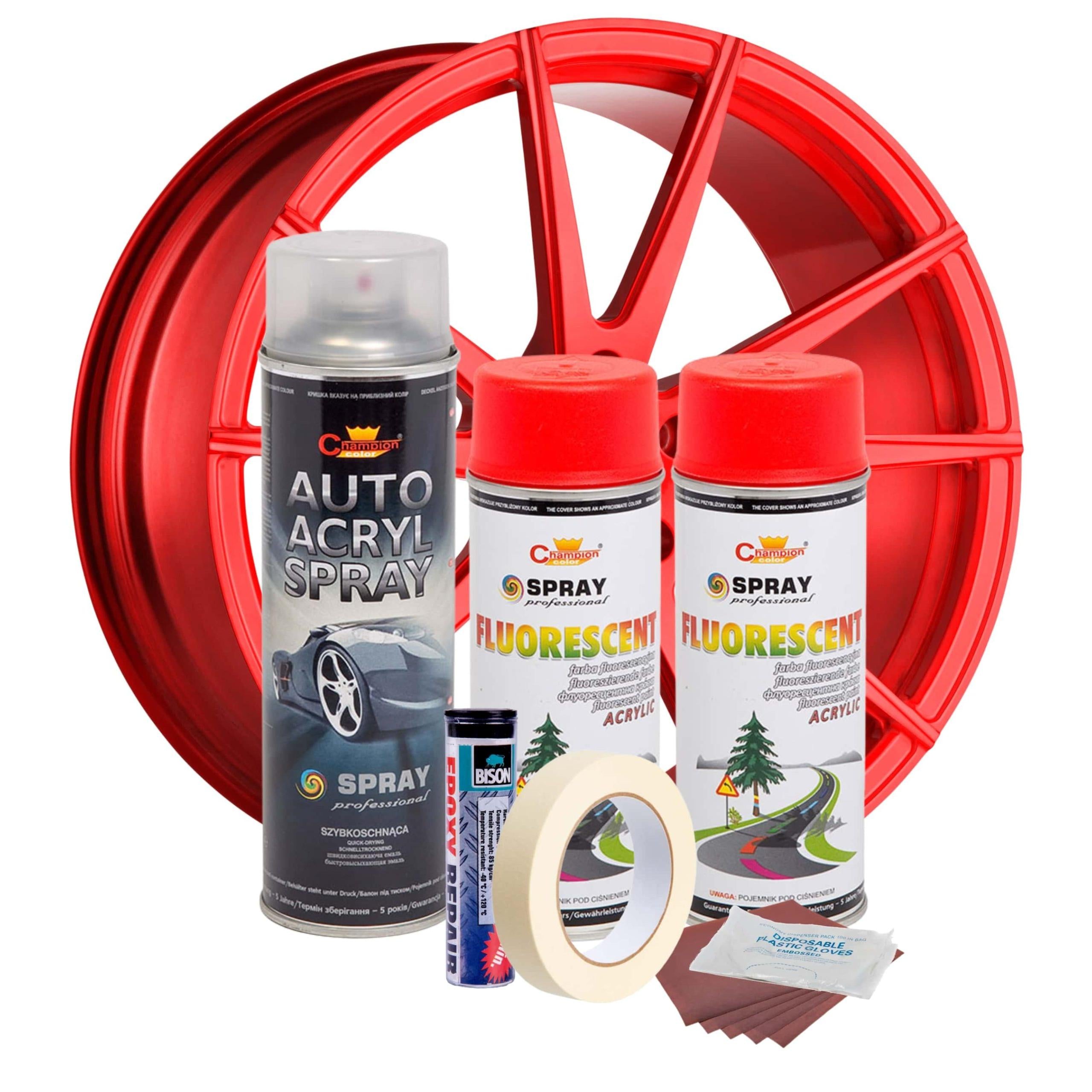 Kit complet reparatie si vopsire jante culoare Rosu Fluorescent, V2-1