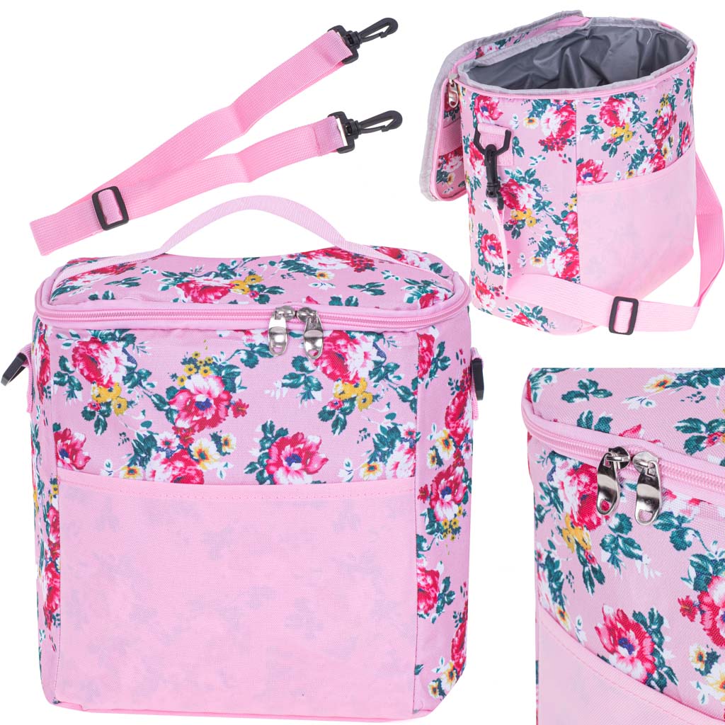 Geanta termoizolanta pentru picnic sau plaja, capacitate 11l, culoare Roz cu flori-1