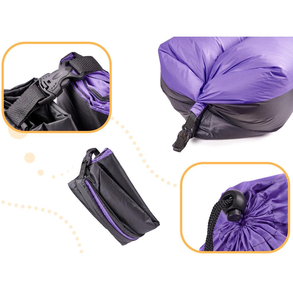 Saltea Autogonflabila "Lazy Bag" tip sezlong, 185 x 70cm, culoare Negru-Violet, pentru camping, plaja sau piscina-1