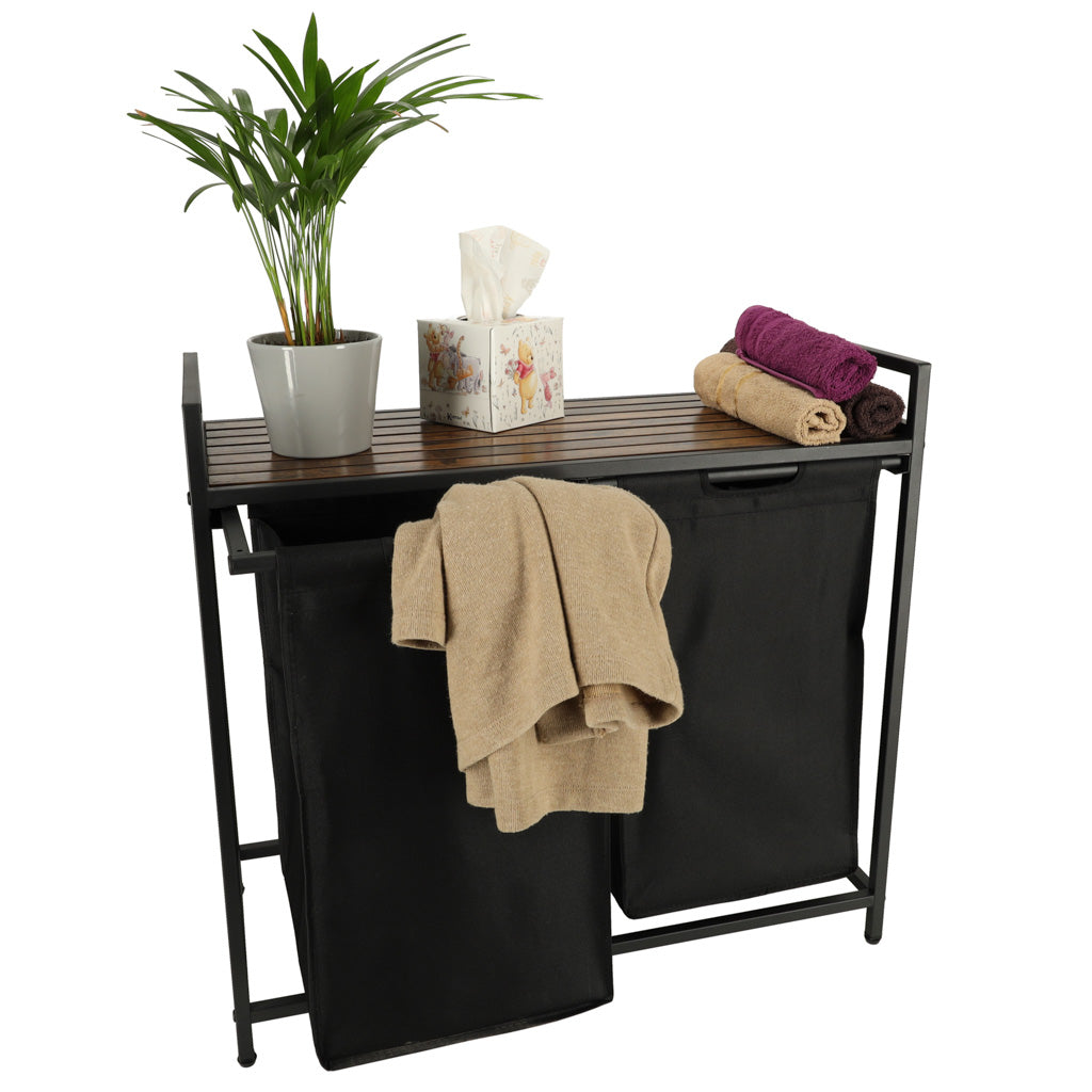 Cos mare de rufe cu doua compartimente, cu raft si blat din lemn, model LOFT, culoare neagra-7