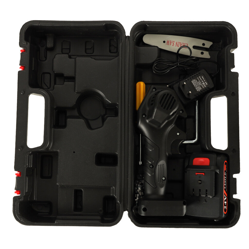 Mini ferastrau electric cu lant, baterie de 24V si valiza de transport-7