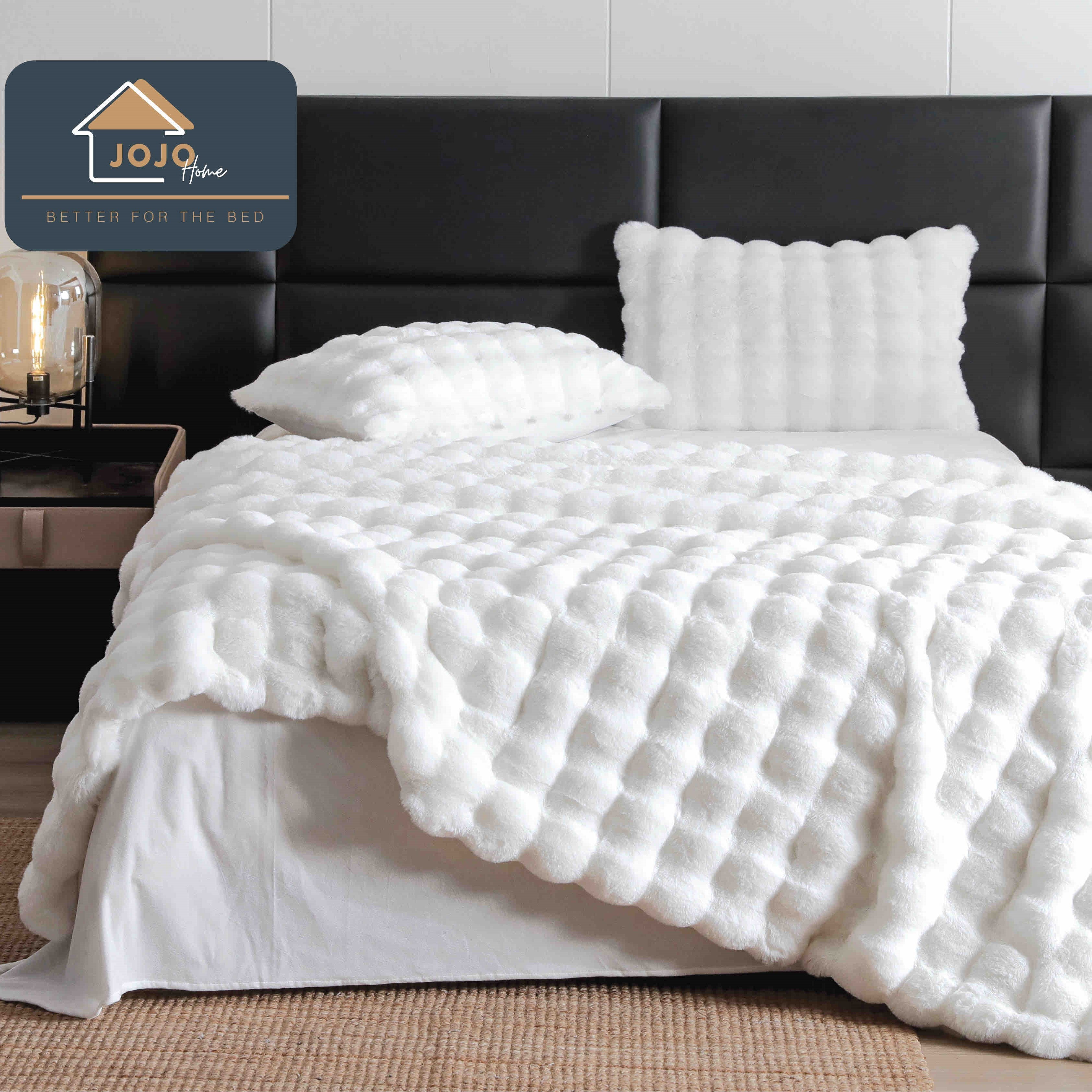 Lenjerie Pat Dublu Extra Pufoasă, Blană Artificială Iepure, 6 Piese, Alba