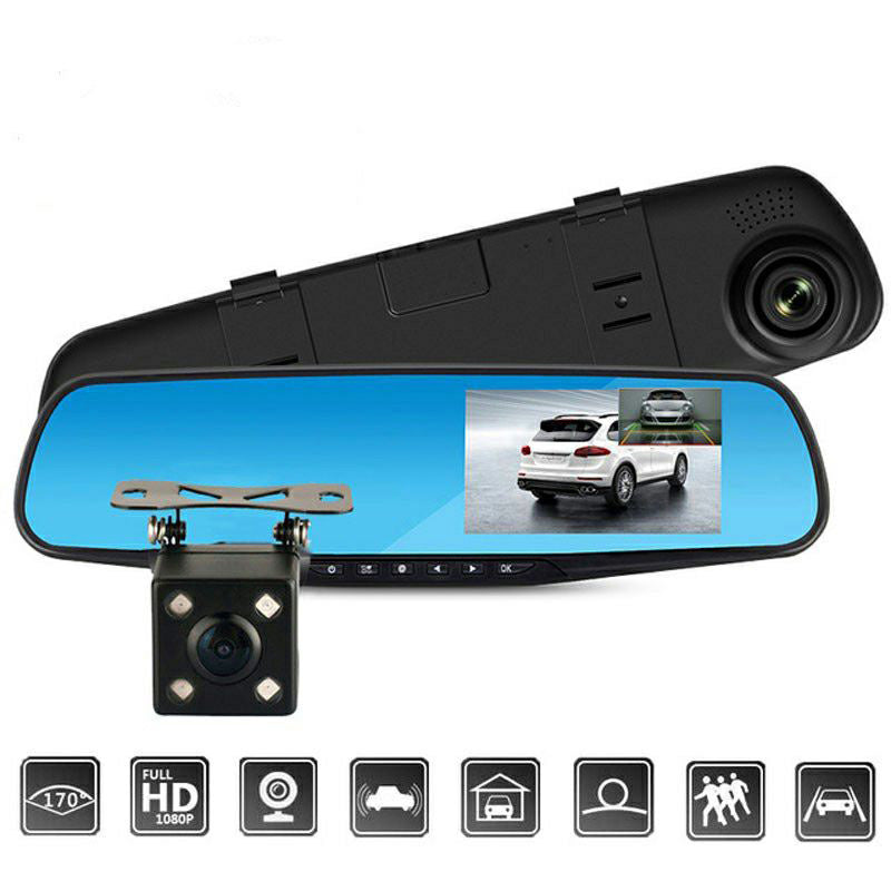 Oglindă retrovizoare 4.5 inch cu cameră HD 1080P, DVR auto, cu microfon și difuzor incorporate + cameră suplimentară pentru marșarier
