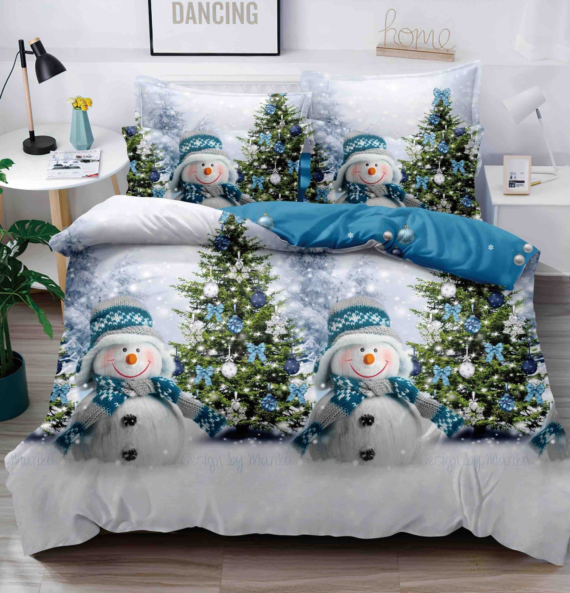 Lenjerie de pat dublu pentru Crăciun cu elastic – Bumbac finet, 6 piese, model om de zăpadă alb-bleu