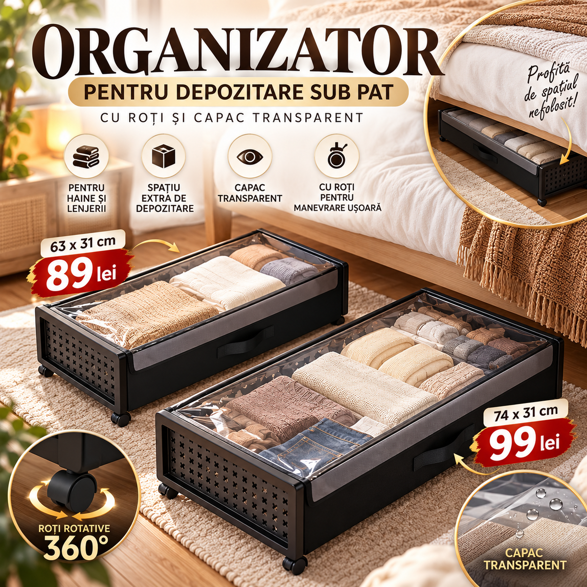 Organizator Mobil pentru Depozitare sub Pat, cu Roți și Capac Transparent – 2 Dimensiuni