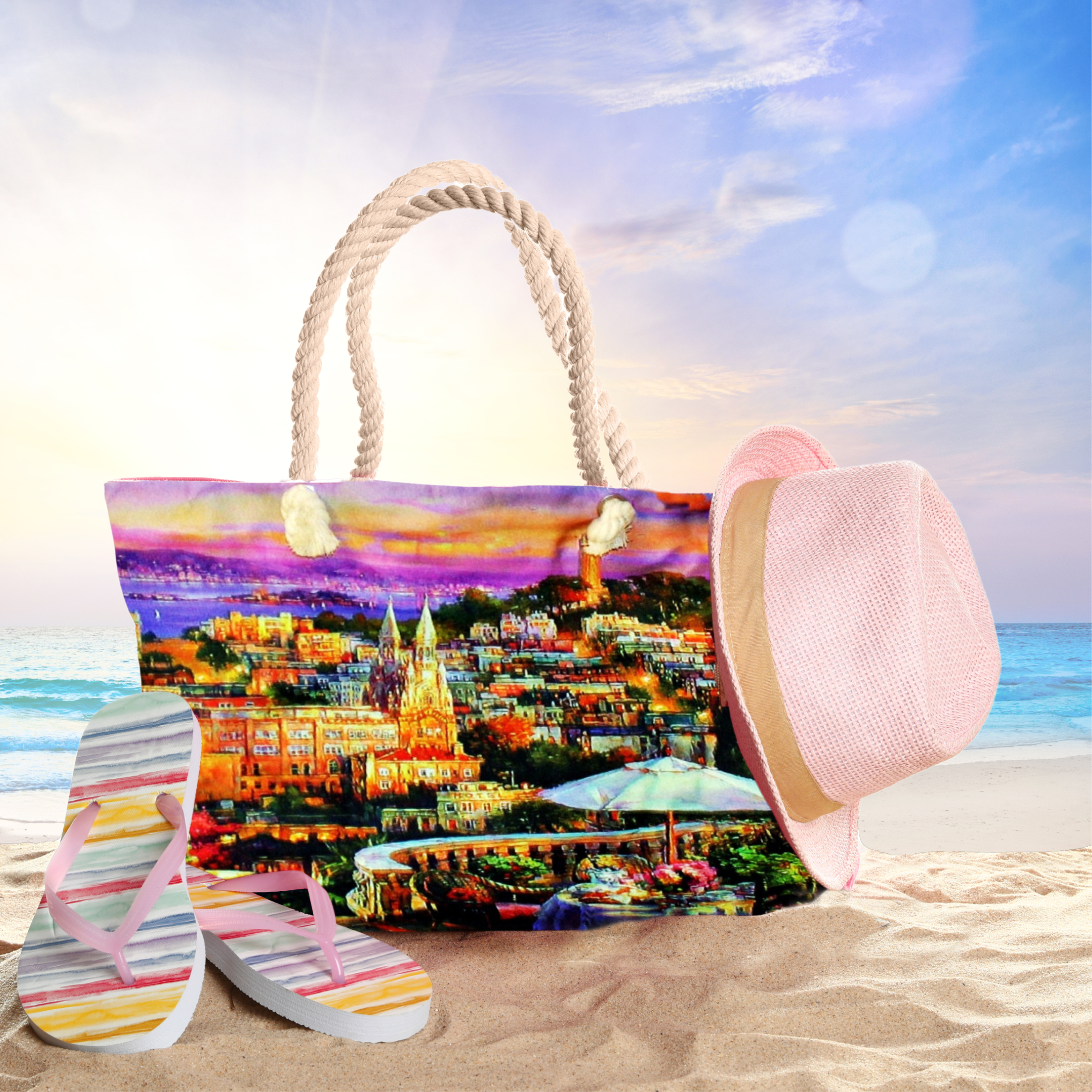 Geanta de plaja din material textil cu interior impermeabil