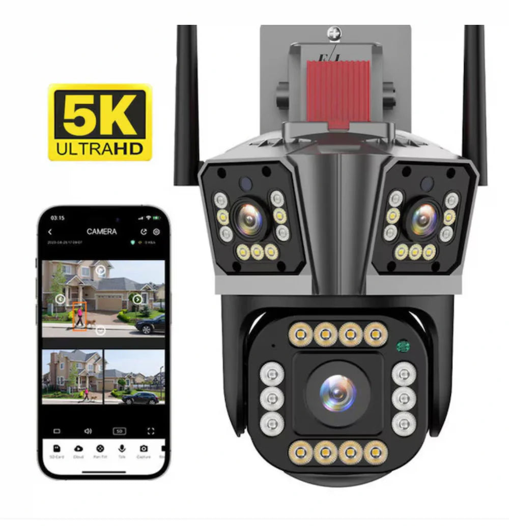 Camera de Supraveghere Tripla WIFI, 12MP, Exterior/Interior, Ultra HD, 5X zoom, Rotire, Leduri, Lumina, Comunicare Bidirectionala, Alarma, Senzor Miscare, Negru