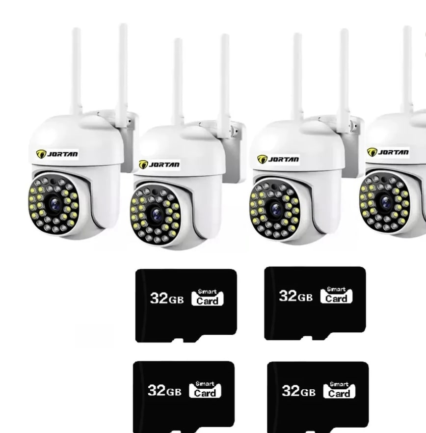 Set 4x Camera de Securitate WiFi Jortan JT-8161QJ - Viziune Nocturnă 30M, 1080P, Alerta Human-ID cu LED-uri Active+4 carduri de 32gb