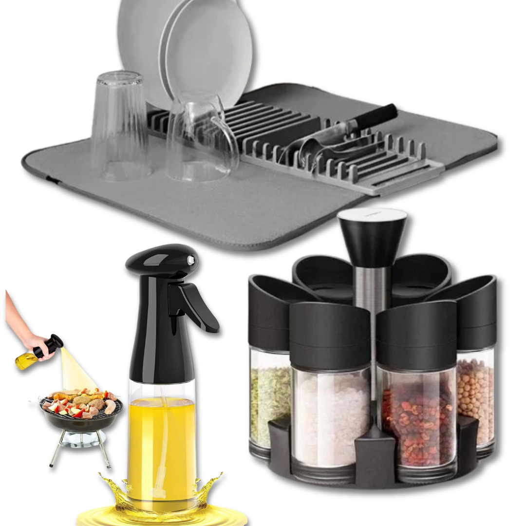 Oferta Specială 3 în 1: Pulverizator pentru Ulei și Oțet + Suport Condimente Rotativ + Suport Uscare Vase