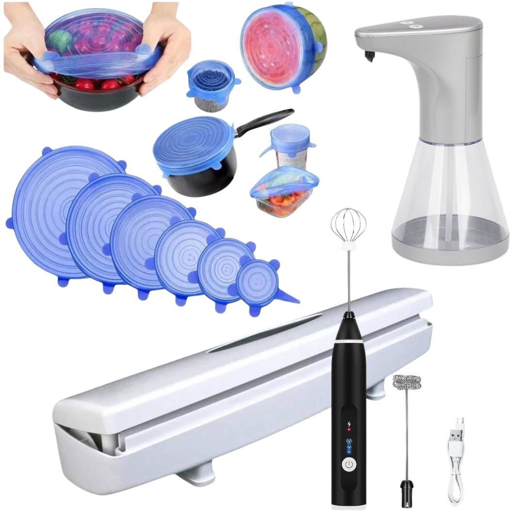 Oferta 4in1: Dispenser Folie Alimentară + Dozator Automat de Săpun + Set 6 Capace Etanșe Flexibile Reutilizabile + Aparat Spumare Lapte cu 2 Capete