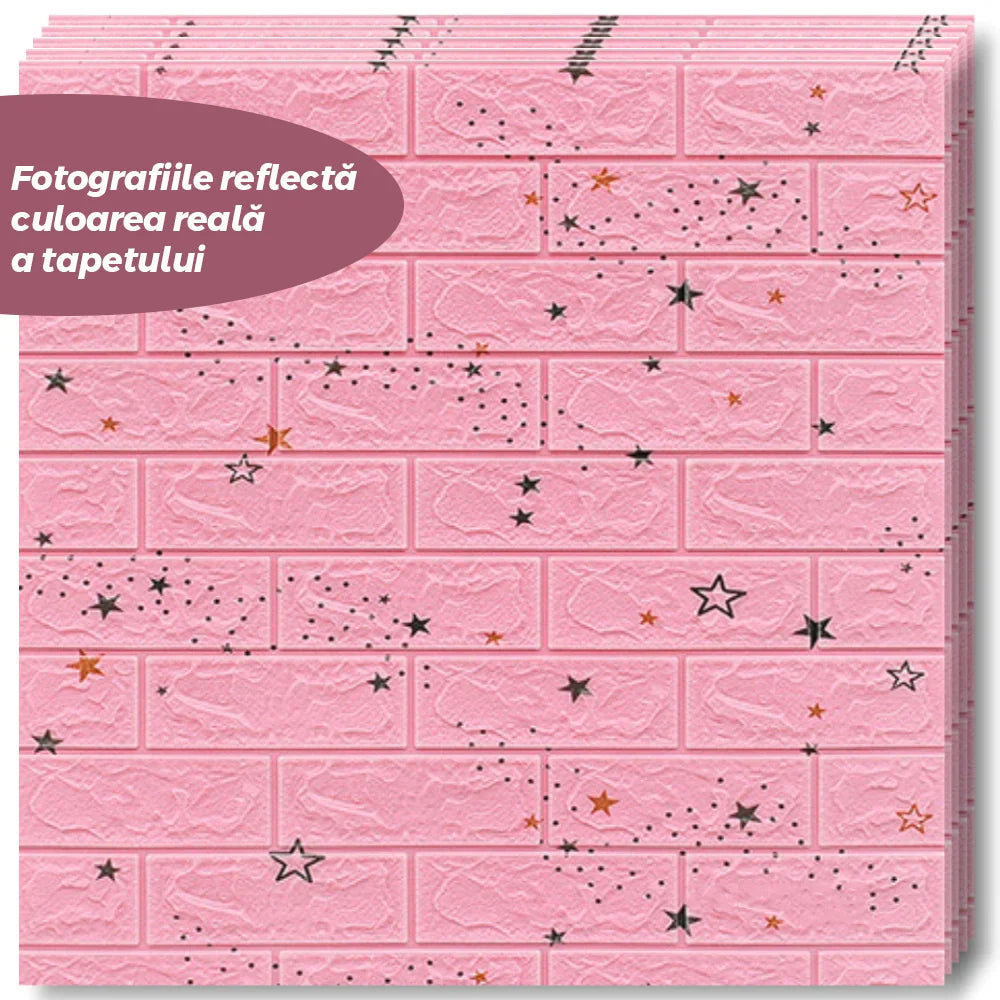 Tapet Caramida 3D autoadeziv, waterproof, 70x77 cm, Roz cu stelute
