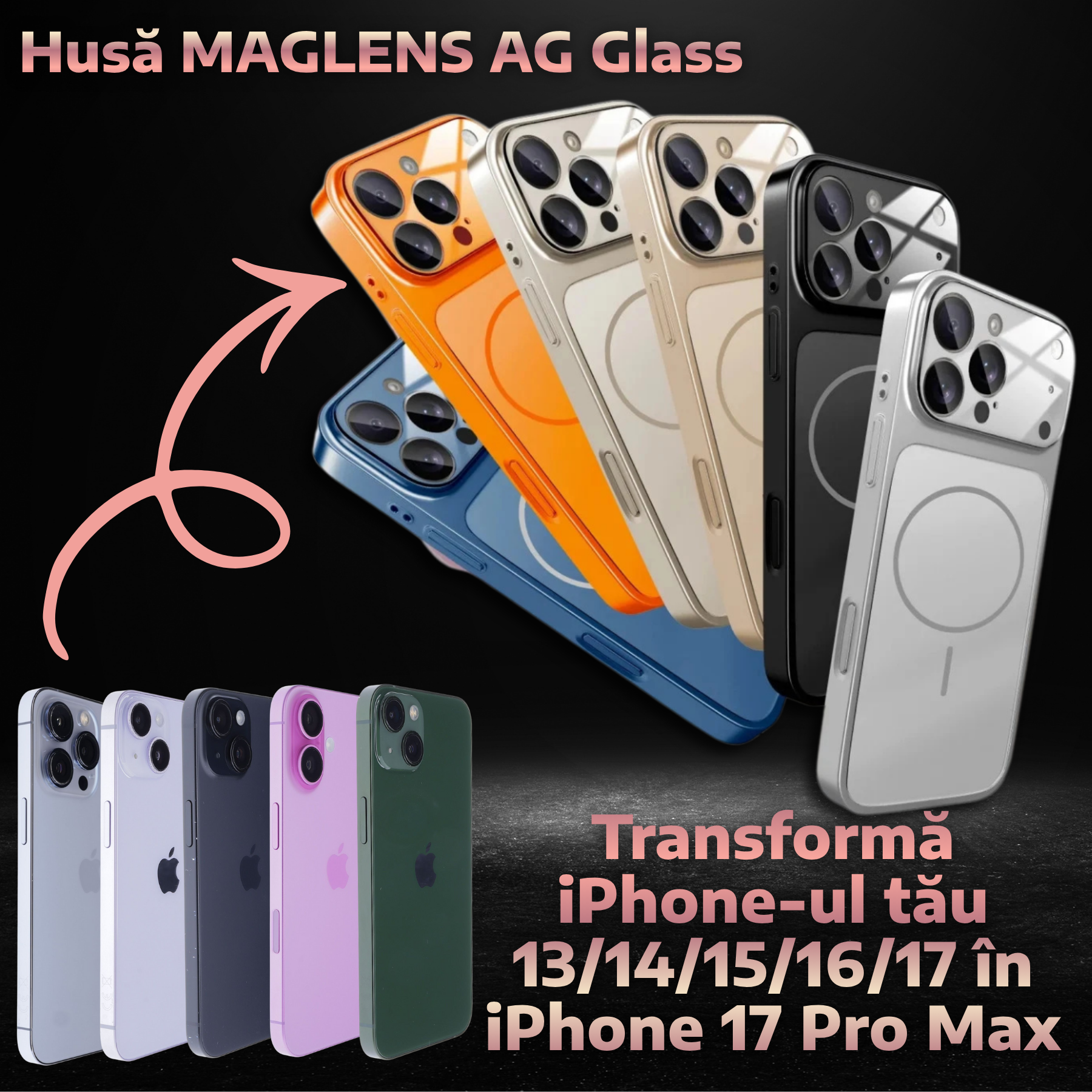 Husă MAGLENS AG Glass – Transformă orice iPhone 13–17 în iPhone 17 Pro Max | Design Premium, Sticlă Mată, Compatibilă MagSafe